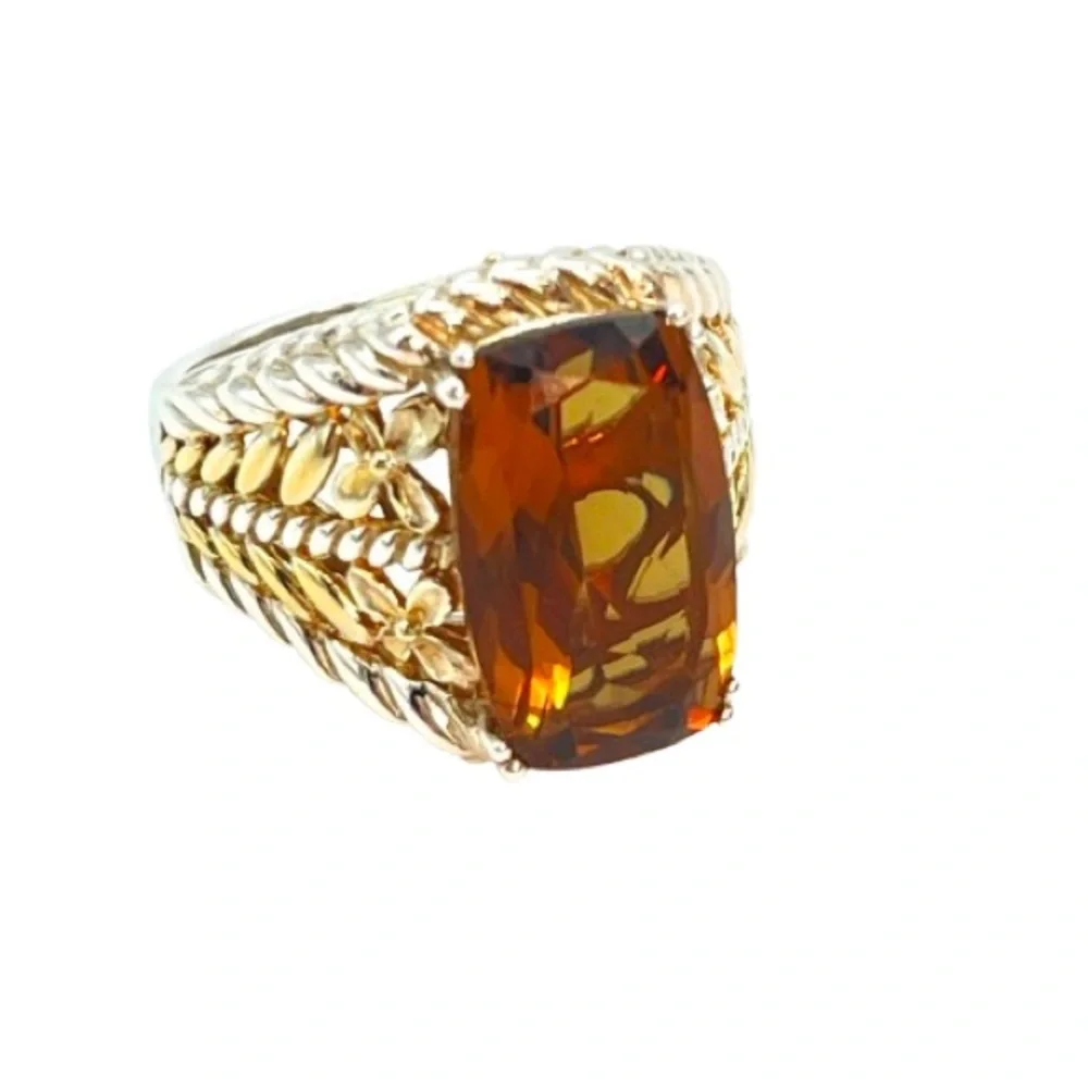 Silver Citrine & Gold Tone Ring | Large Faceted Gem Stone | 925 Sterling